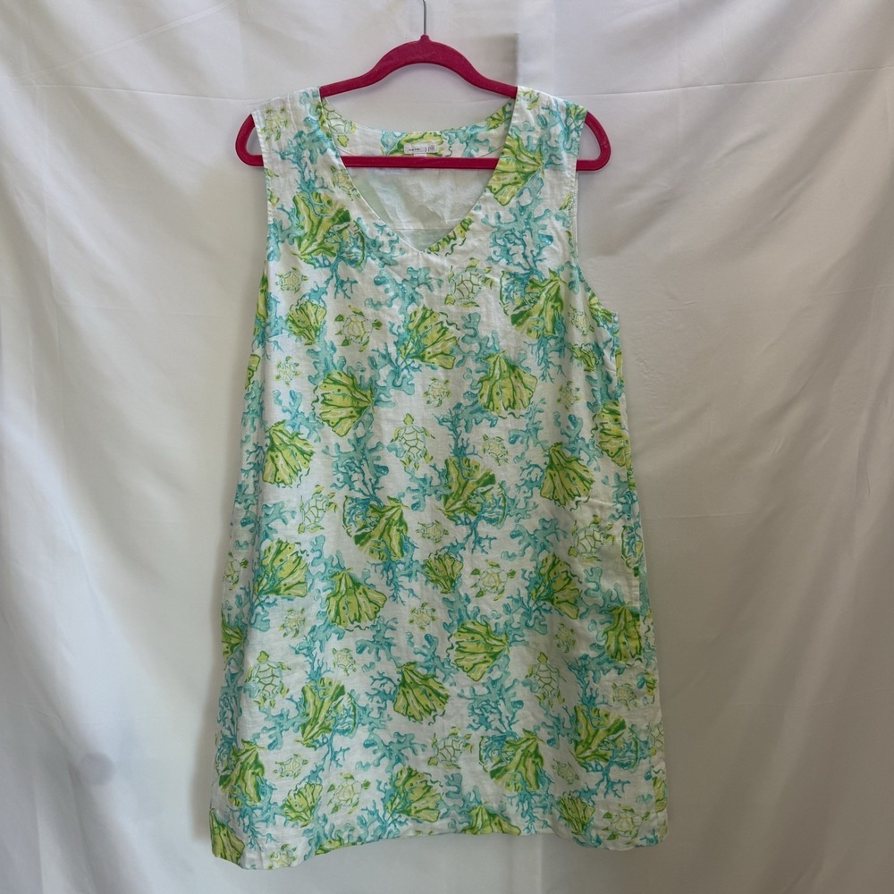 J. Jill Love Linen Tank Dress Womens‎ Blue White Turtles Beachy Coastal Resort L